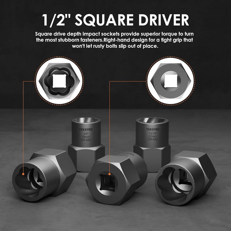 YEKEPRO 5-Piece Heavy Duty Bolt Extractor Set, 1/2" Drive Impact Lug Nut Remover Tool, Large Size 19-25mm for Removing Stripped, Damaged, Rusted Nuts, Bolts, and Studs - Image 3